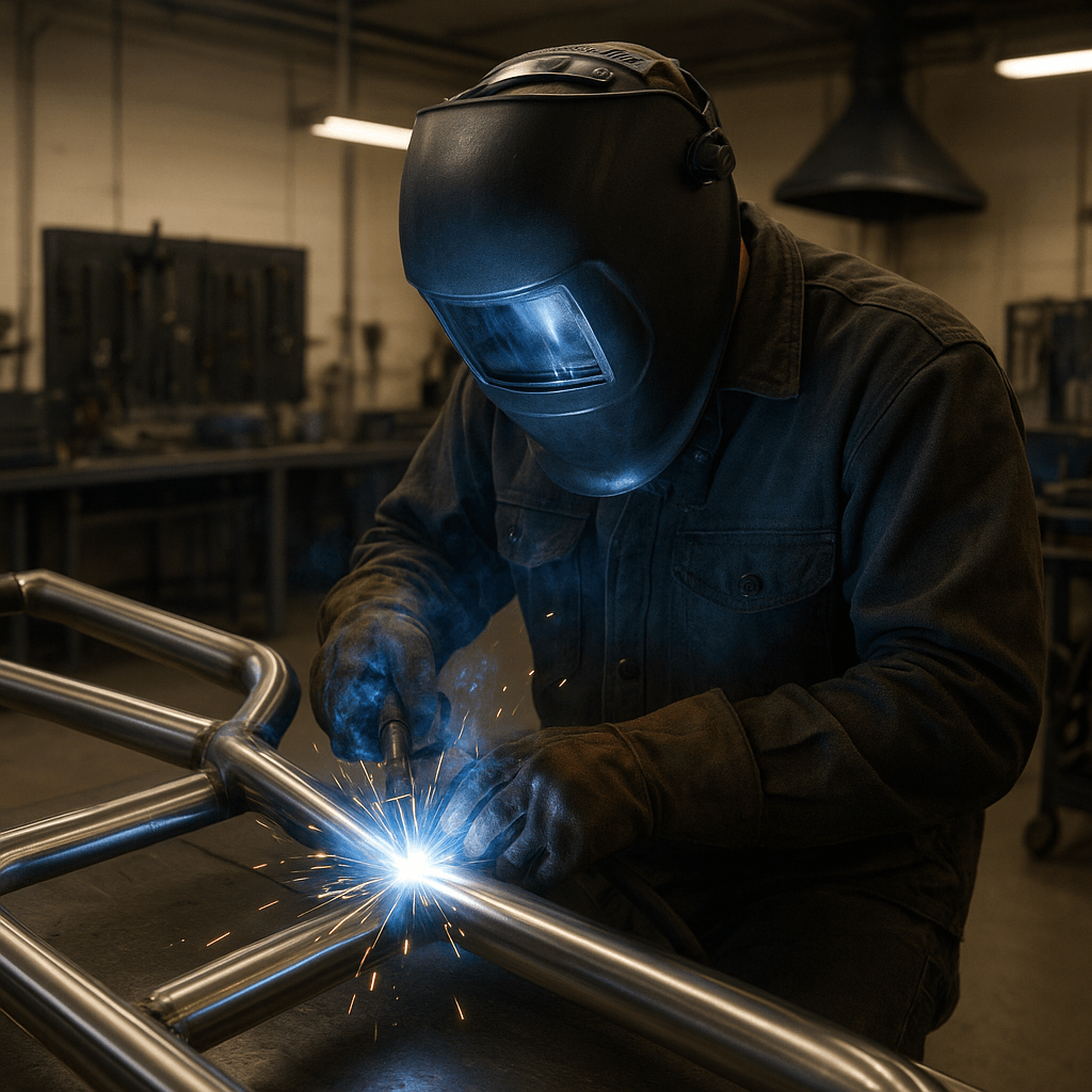 Schweisser bei Edelstahlrahmen in Werkstatt